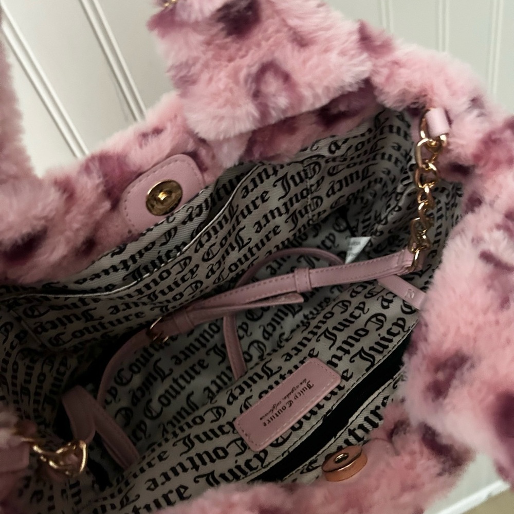 Y2K Juicy Couture Warm Up Mini Tote Pink Leopard Faux Fur Print Glam Bag - Picture 3 of 8